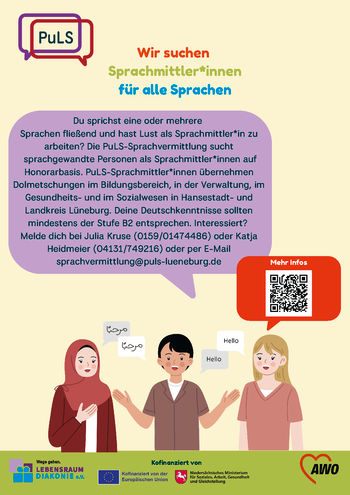 Drei stilisierte Personen mit Sprechblasen, darüber bunte Textblöcke mit dem Titel 'Wir suchen Sprachmittler*innen für alle Sprachen' und Kontaktdaten in einem lila Sprechblasenfeld, unten Logos von Lebensraum Lüneburg, AWO und weiteren Organisationen
