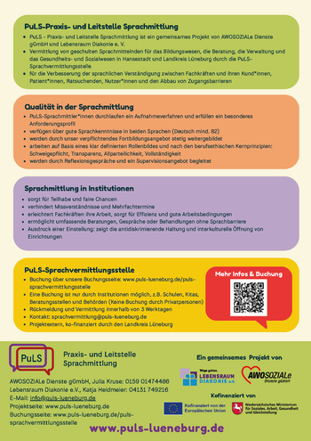 Infografik mit farblich abgesetzten Textblöcken zu PuLS-Praxis- und Leitstelle Sprachmittlung, die Projektziele, Qualitätsanforderungen, Sprachmittlung in Institutionen und Buchungsinformationen beschreibt