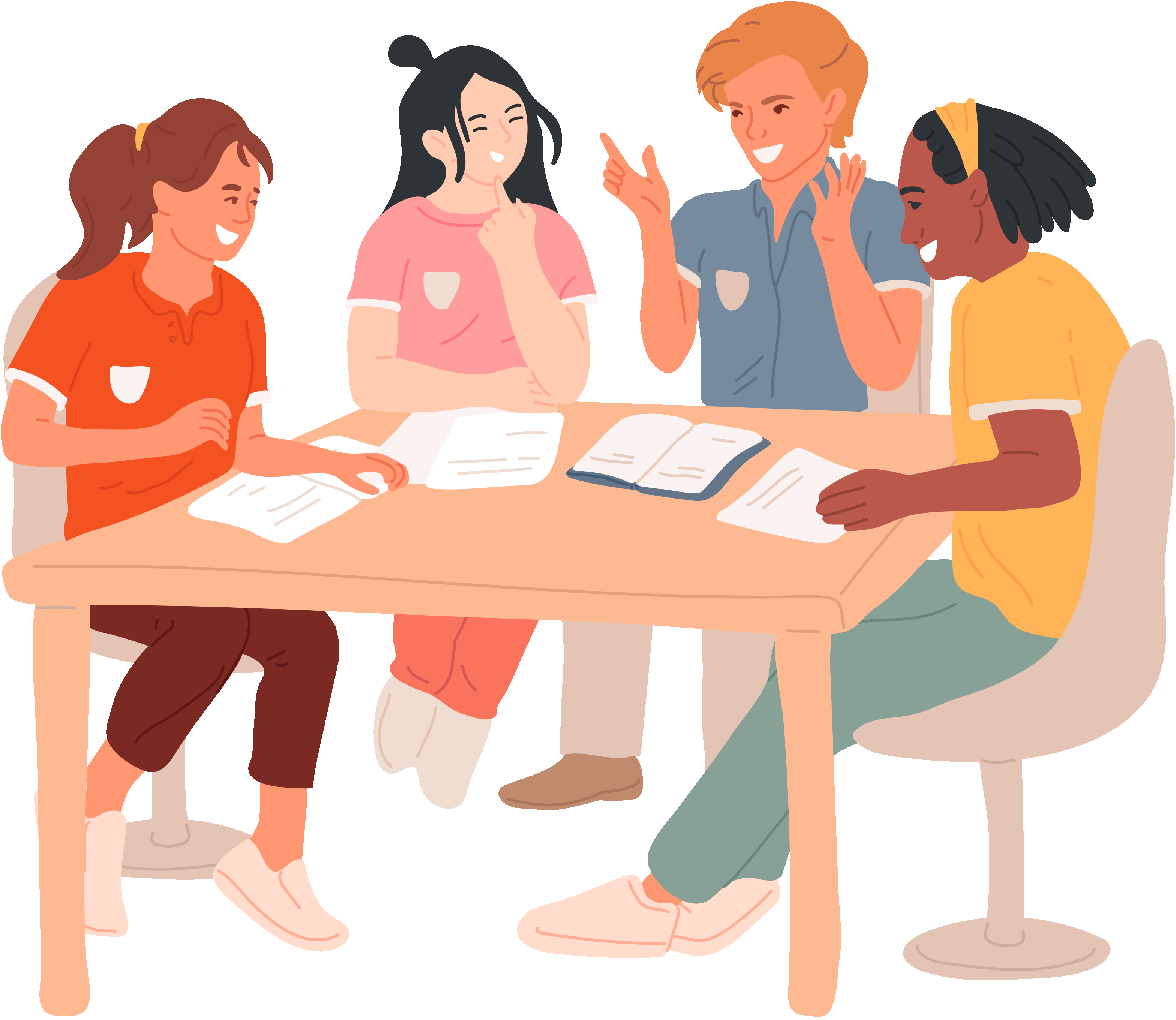 Vier Personen sitzen am Tisch und diskutieren lebhaft über Unterlagen.