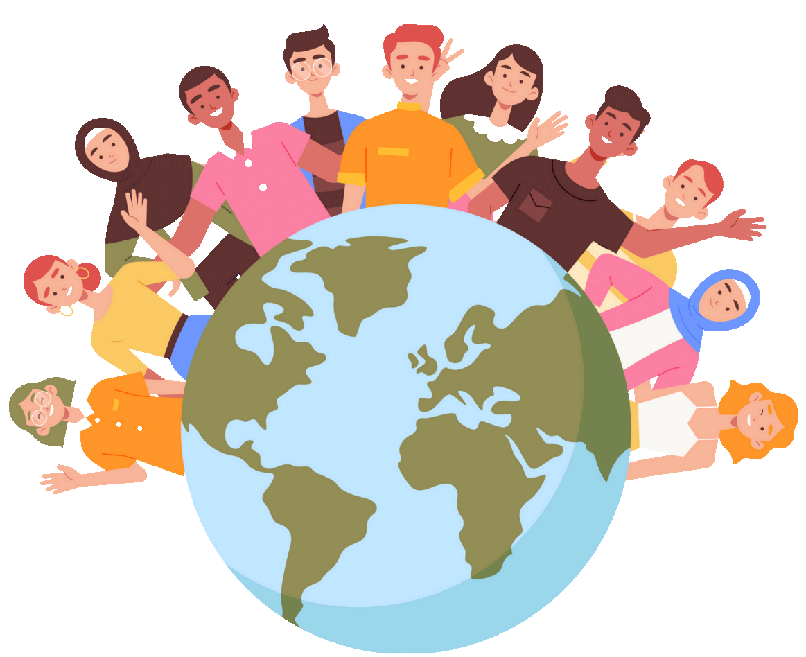 Eine diverse Gruppe von Menschen umarmt symbolisch die Weltkugel.