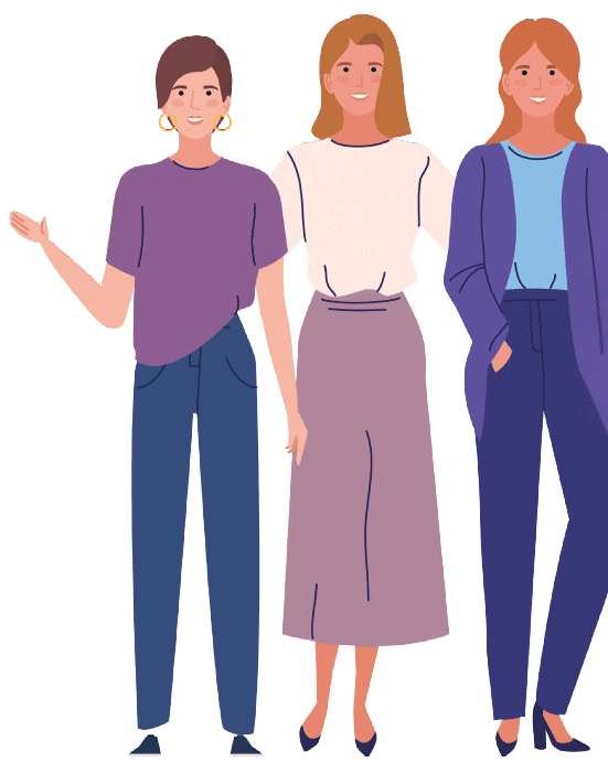 Drei freundlich lächelnde Frauen stehen nebeneinander.